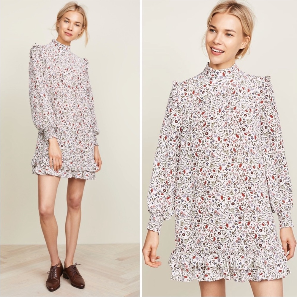 FRAME 100% Silk High Neck Floral Long Sleeve Mini Dress Size XS